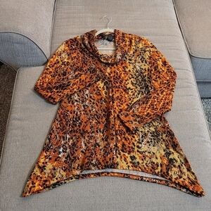 New Directions Fall Orange Black Pattern Art to Wear Cowl Neck Sweater Medium